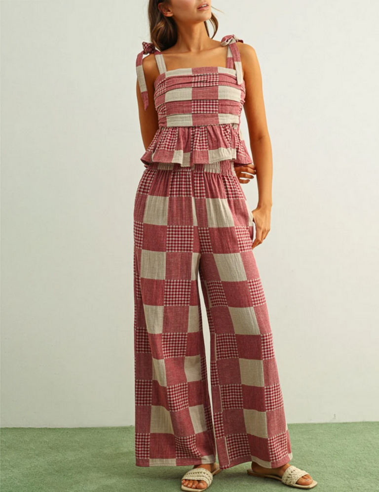 Miou Muse Gingham & Stripe Patch Effect Wide Leg Pants