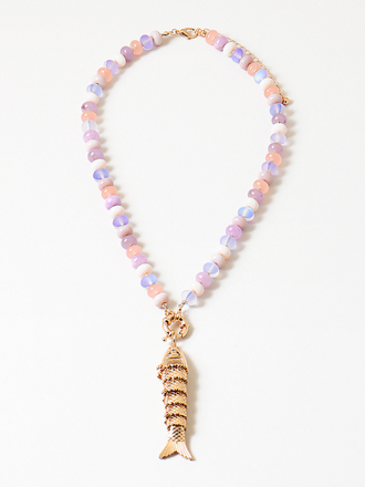 Blue Suede Jewels Pink Beaded Fish Charm Necklace
