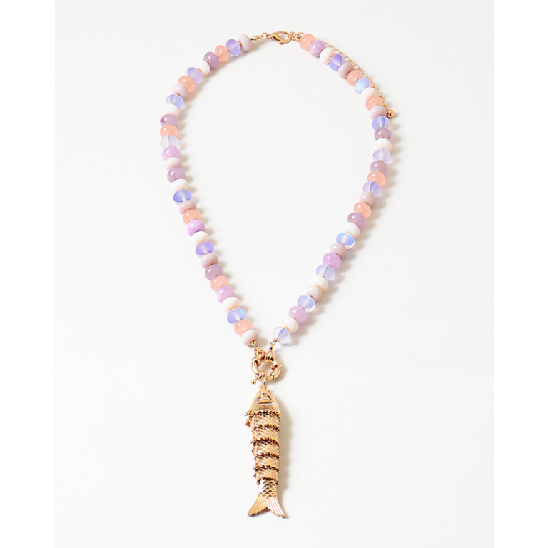 Blue Suede Jewels Pink Beaded Fish Charm Necklace
