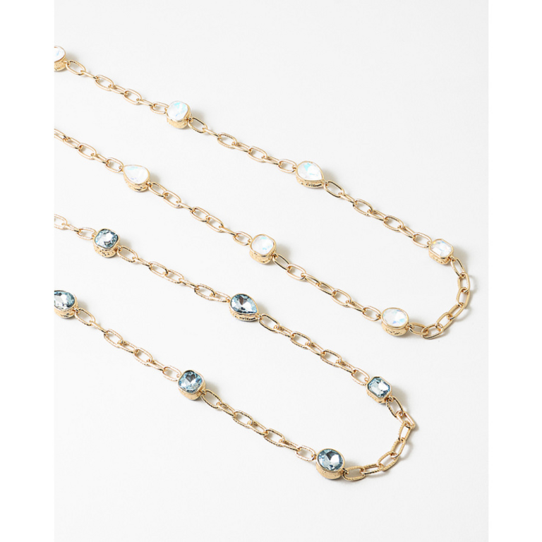 Blue Suede Jewels Long Statement Necklace with Crystals