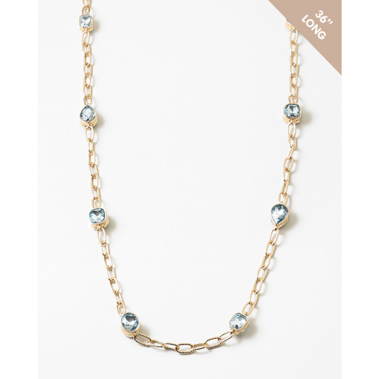 Blue Suede Jewels Long Statement Necklace with Crystals