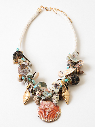 Blue Suede Jewels Seashell Beaded Statement Necklace on Cord