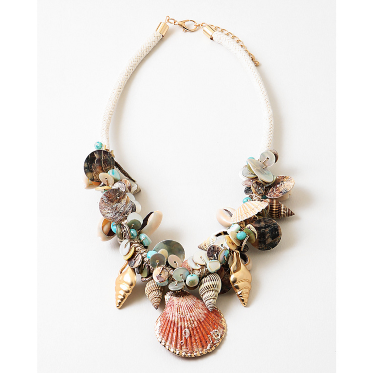 Blue Suede Jewels Seashell Beaded Statement Necklace on Cord