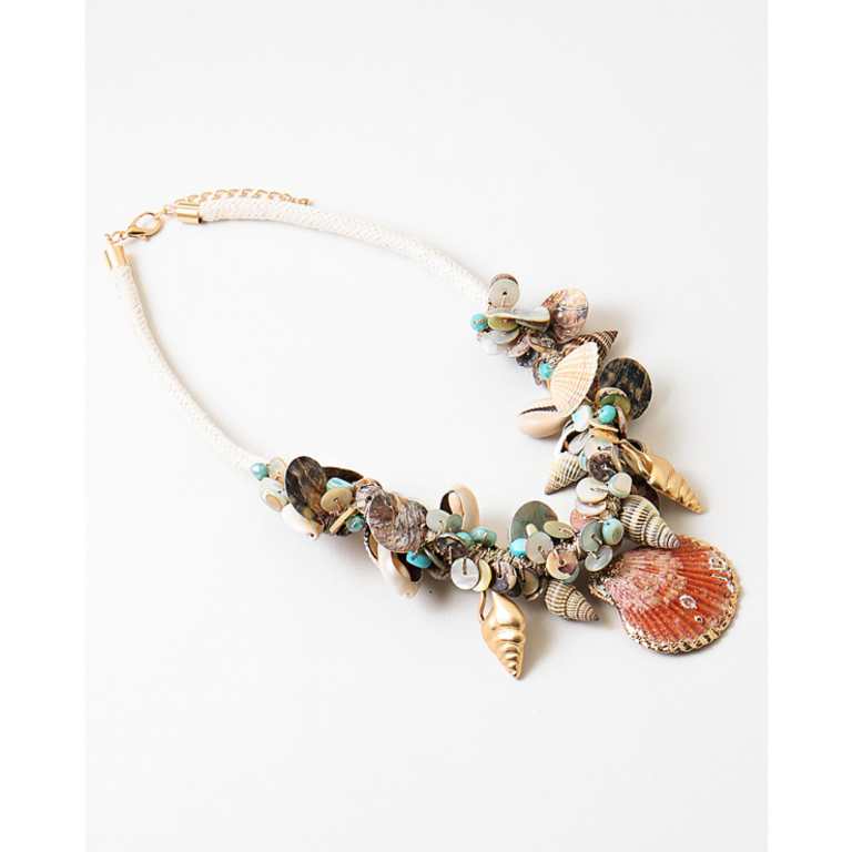 Blue Suede Jewels Seashell Beaded Statement Necklace on Cord