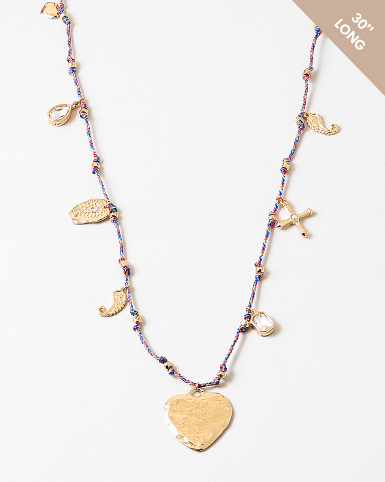 Blue Suede Jewels Charm Necklace on Delicate Cord