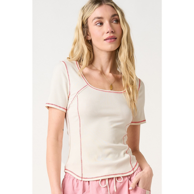 Mittoshop Contrast Stitch Square Neck Short Sleeve Knit Top