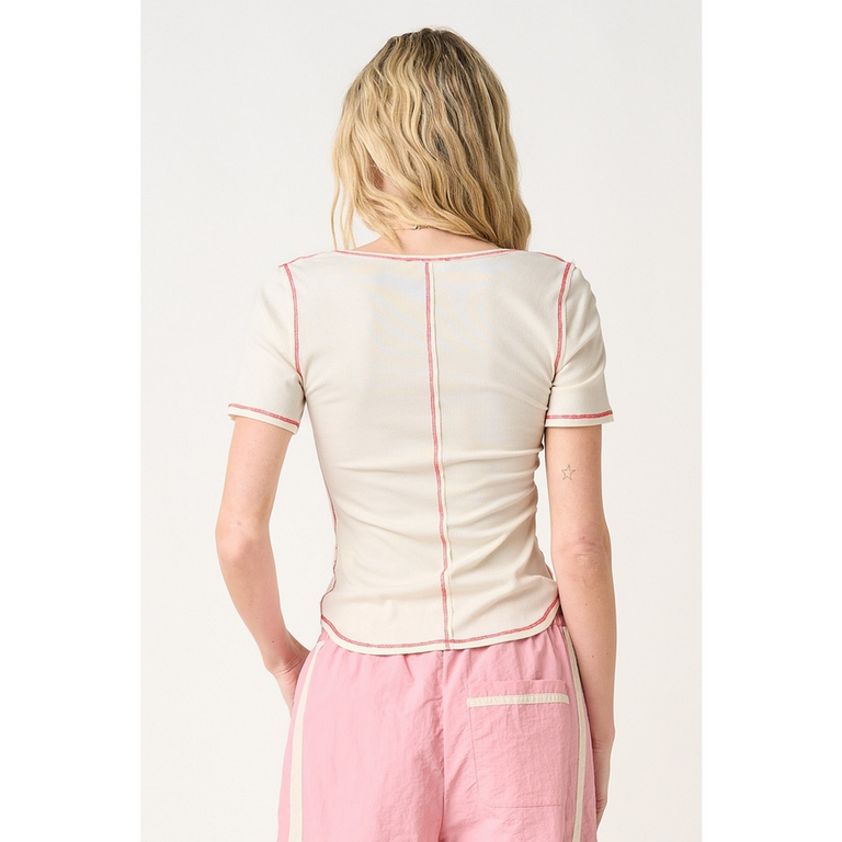 Mittoshop Contrast Stitch Square Neck Short Sleeve Knit Top