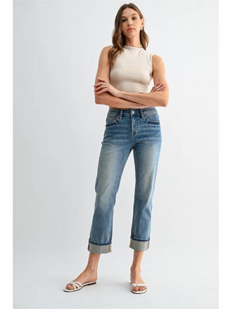 Mica Denim Mid-Rise Straight Crop Cuffed Hem Jeans