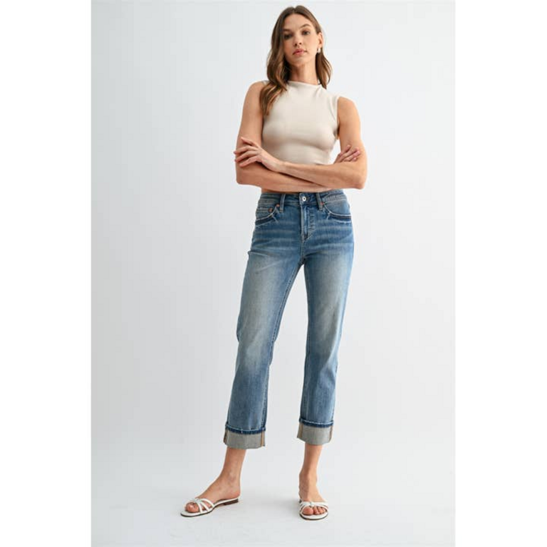 Mica Denim Mid-Rise Straight Crop Cuffed Hem JEans
