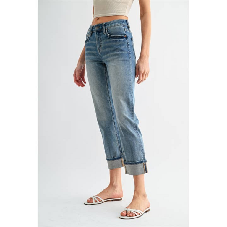 Mica Denim Mid-Rise Straight Crop Cuffed Hem JEans