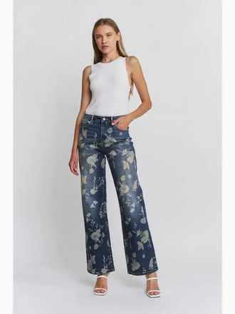 Mica Denim High Rise Wide Leg Floral Jeans