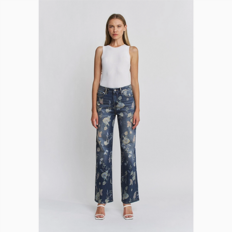 Mica Denim High Rise Wide Leg Floral Jeans