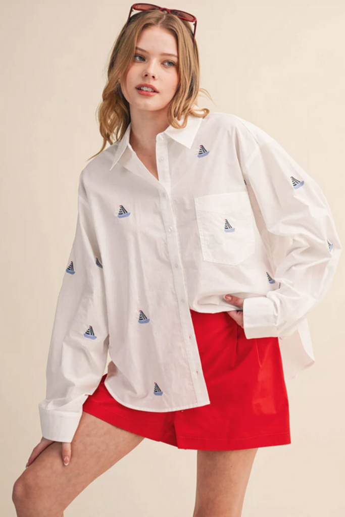 & Merci Sailboat Embroidered Button Down Shirt