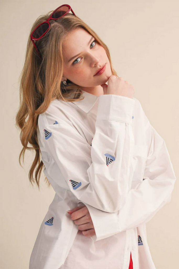 & Merci Sailboat Embroidered Button Down Shirt