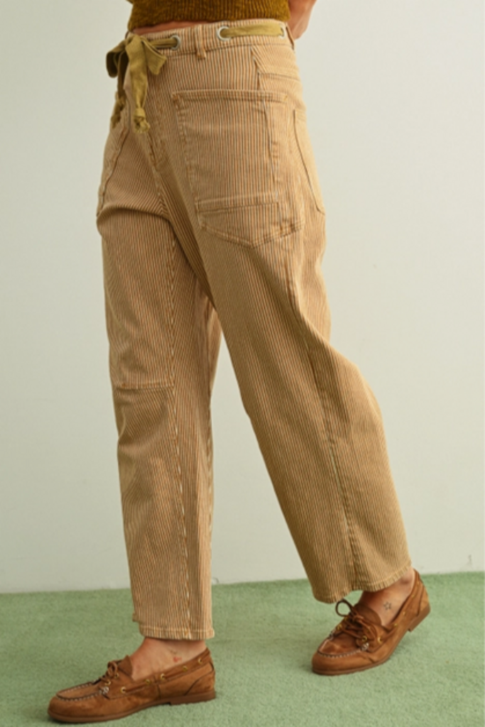 Miou Muse Striped Washed Barrel Pants with Belt