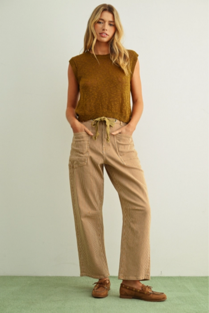 Miou Muse Striped Washed Barrel Pants with Belt