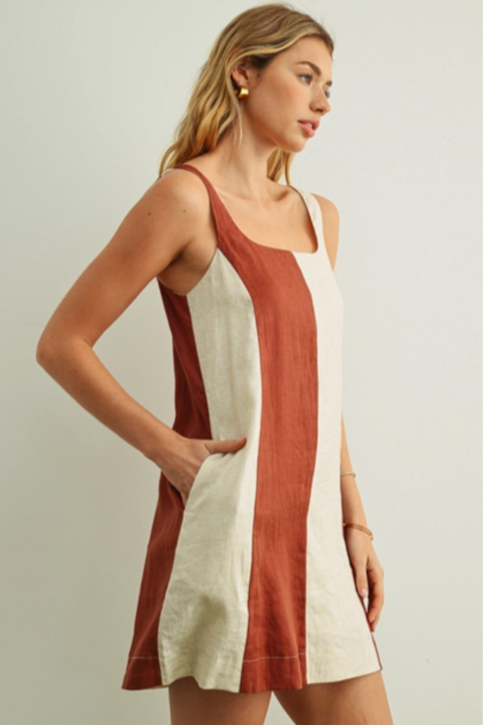 Miou Muse Color Block Linen Mini Dress