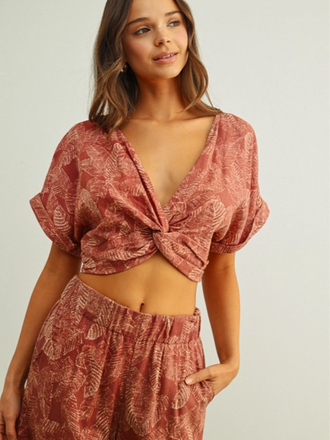 Miou Muse Washed Botanical Twist Front Top
