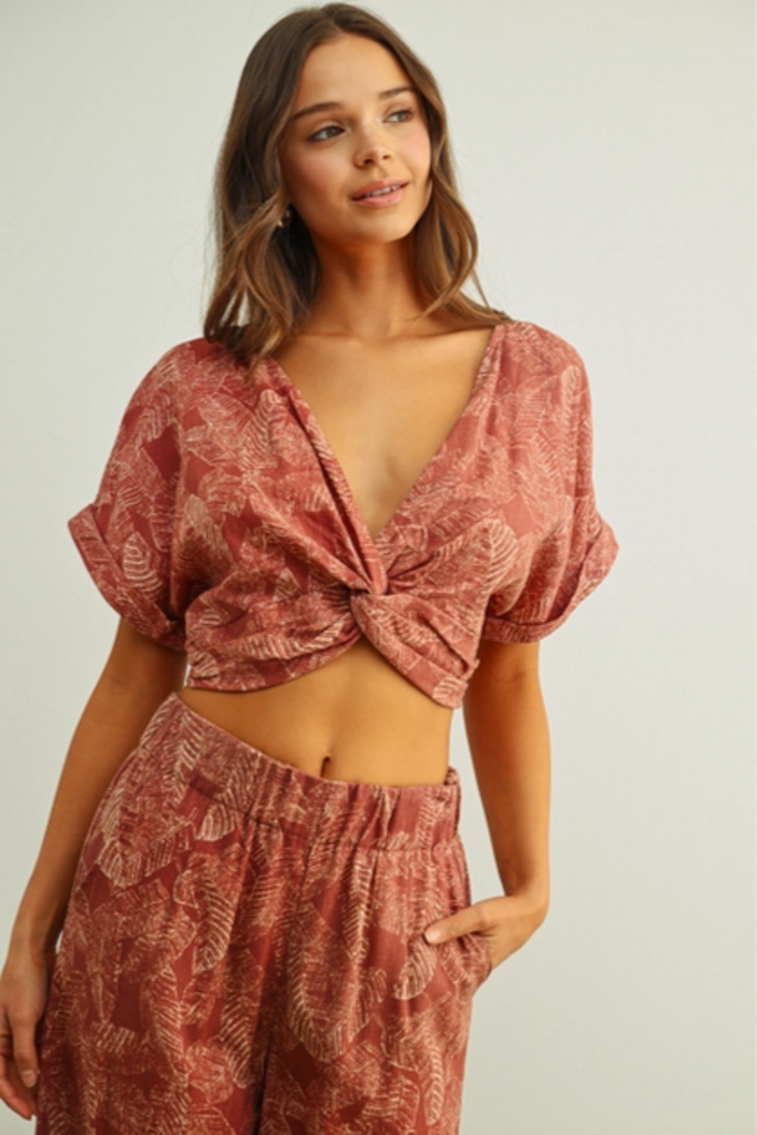 Miou Muse Washed Botanical Twist Front Top