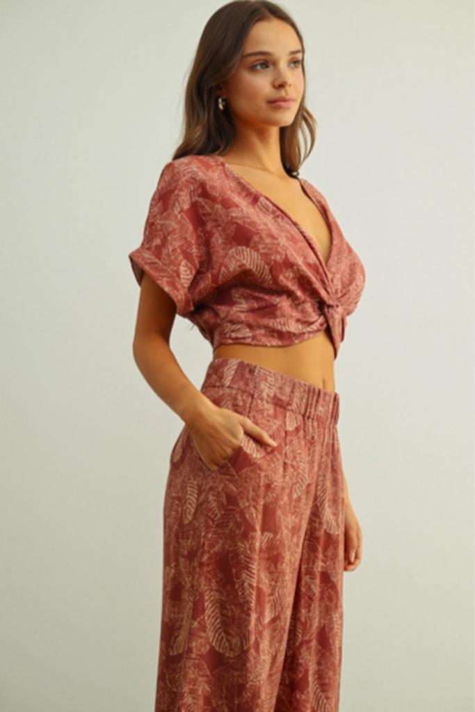 Miou Muse Washed Botanical Twist Front Top