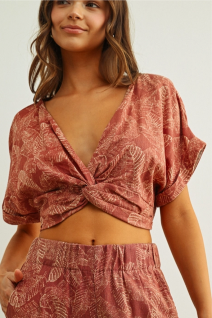 Miou Muse Washed Botanical Twist Front Top