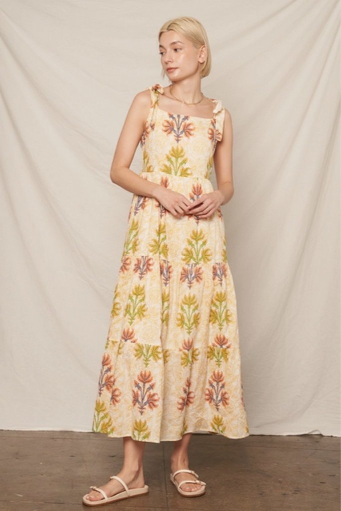 En Creme Meadow Bloom Tie-Shoulder Maxi Dress