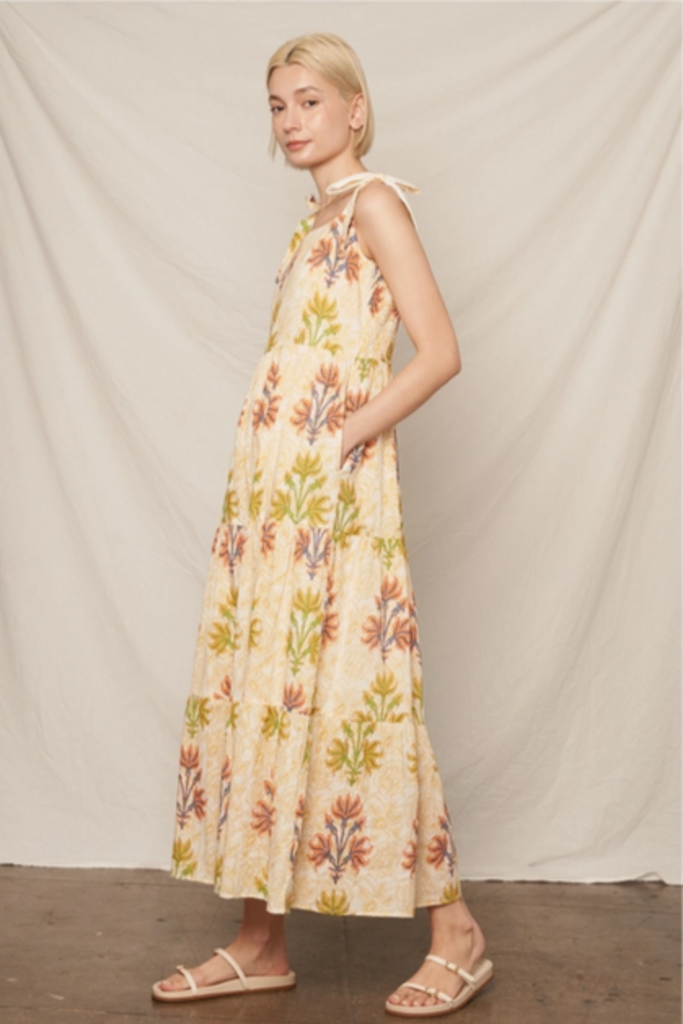 En Creme Meadow Bloom Tie-Shoulder Maxi Dress