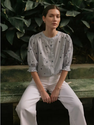 Fun2Fun Daisy Stripe Puff Sleeve Cotton Blouse