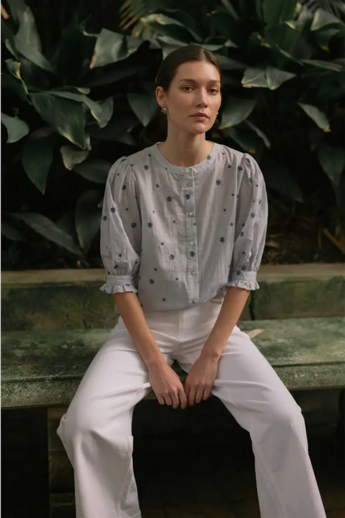 Fun2Fun Daisy Stripe Puff Sleeve Cotton Blouse