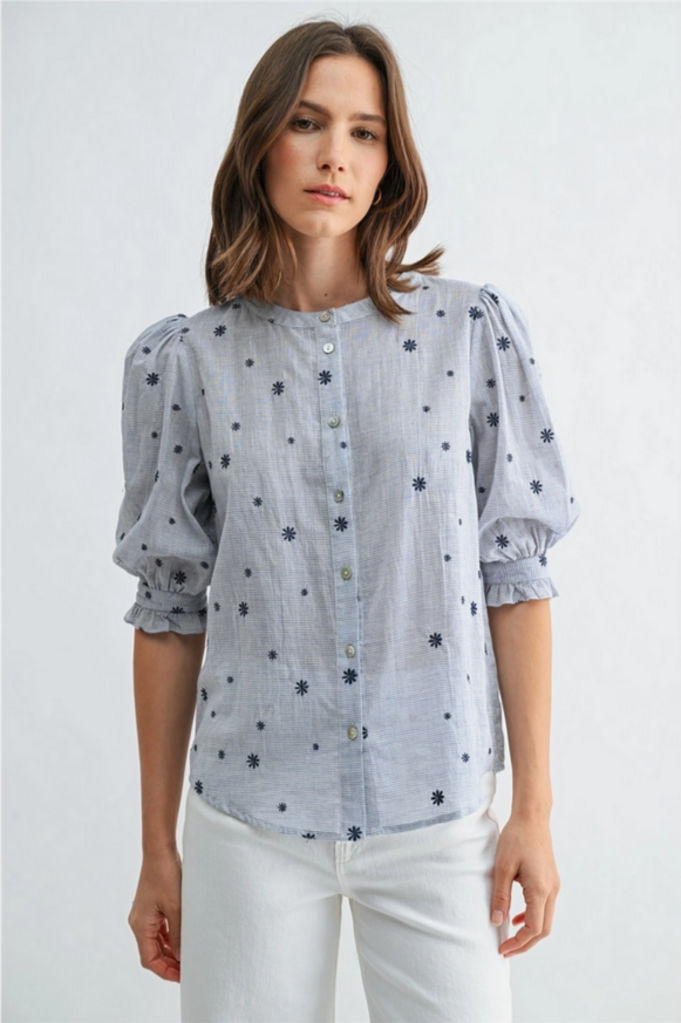 Fun2Fun Daisy Stripe Puff Sleeve Cotton Blouse