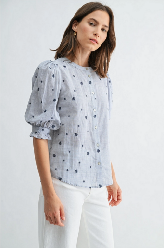Fun2Fun Daisy Stripe Puff Sleeve Cotton Blouse