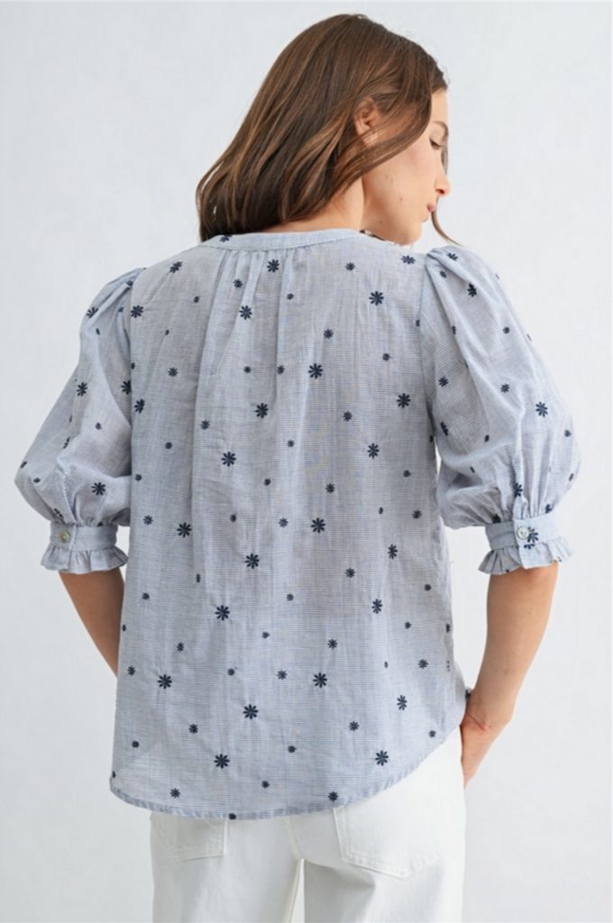 Fun2Fun Daisy Stripe Puff Sleeve Cotton Blouse