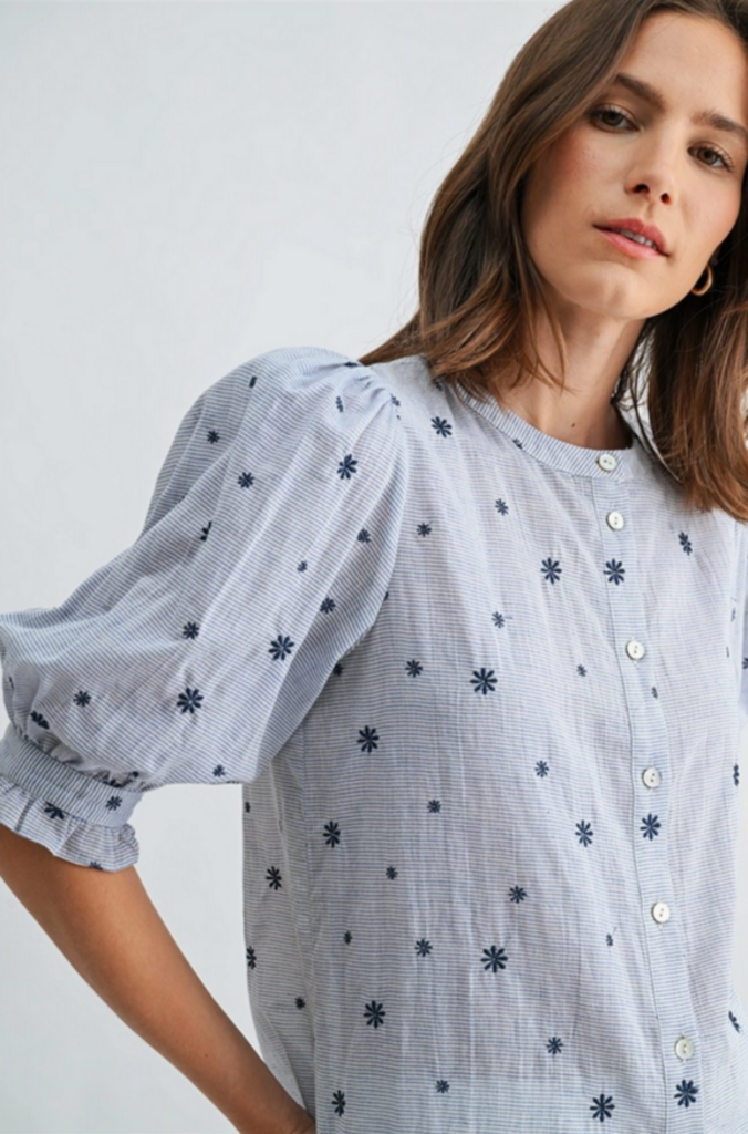 Fun2Fun Daisy Stripe Puff Sleeve Cotton Blouse