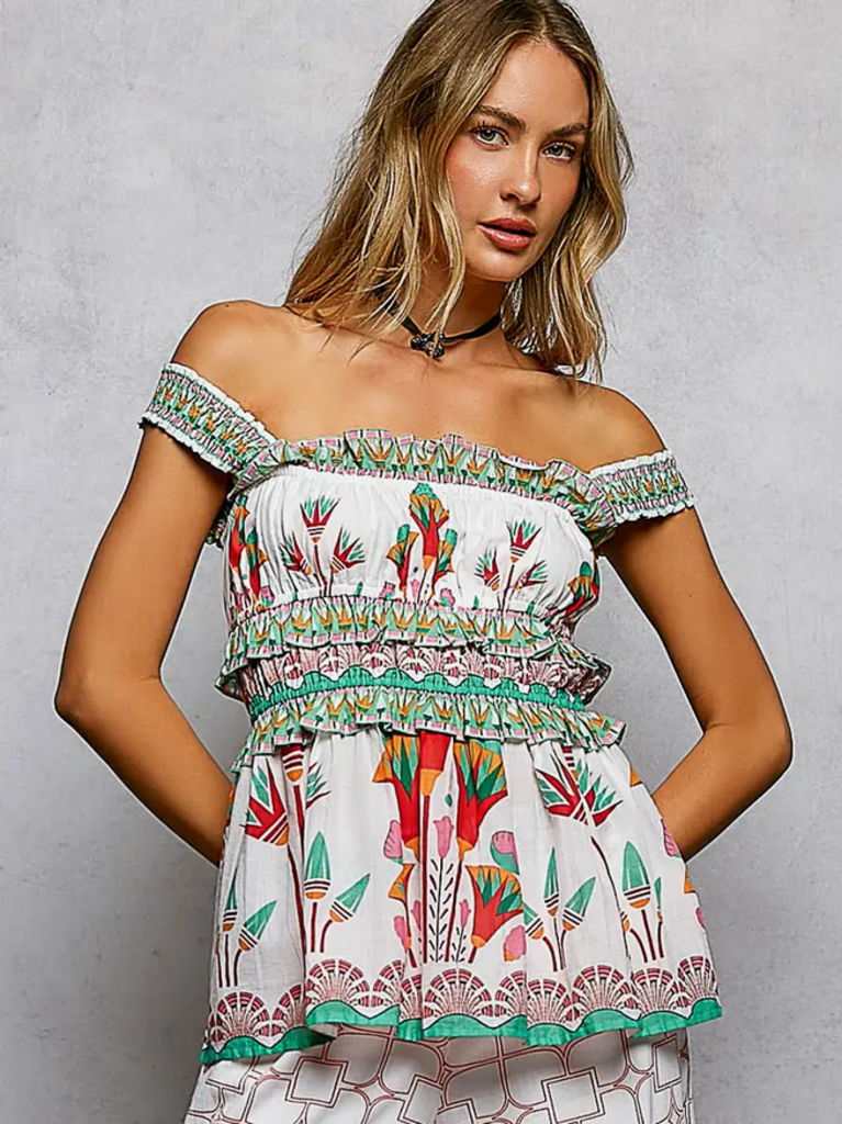 POL Desert Bloom Smocked Off-Shoulder Top