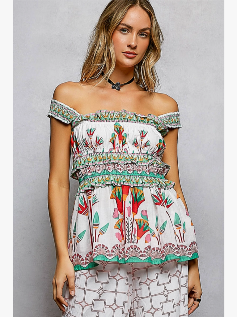 POL Desert Bloom Smocked Off-Shoulder Top