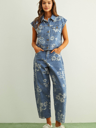 Miou Muse Floral Barrel Denim Pants