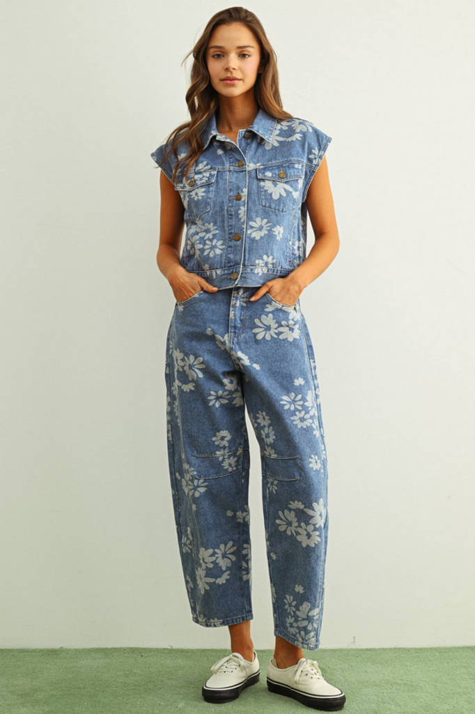 Miou Muse Floral Barrel Denim Pants