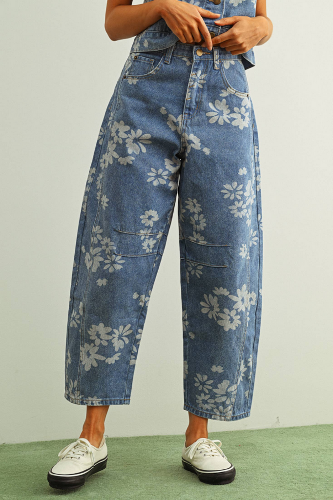 Miou Muse Floral Barrel Denim Pants