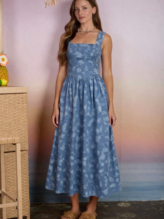 Blu Pepper Floral Jacquard Denim Midi Dress