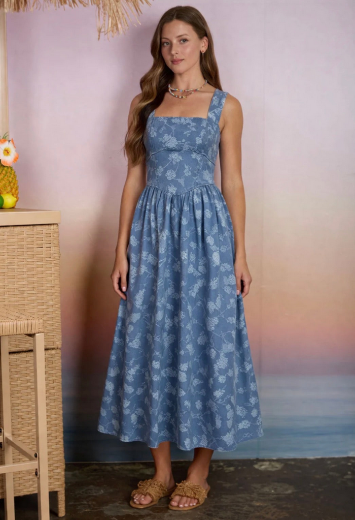 Blu Pepper Floral Jacquard Denim Midi Dress