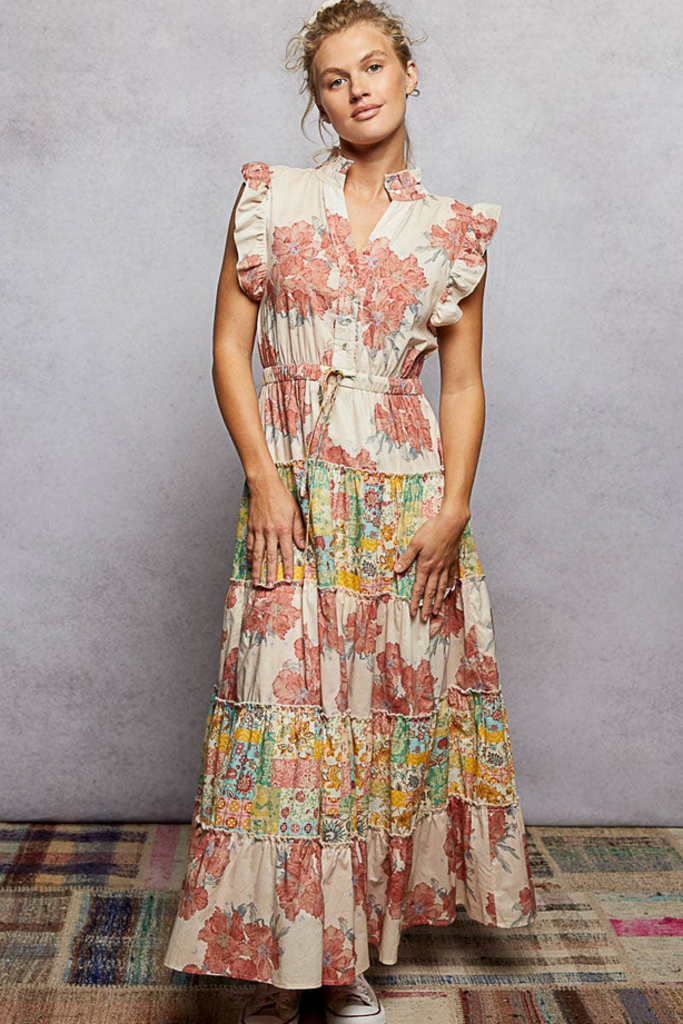 POL V-Neck Sleeveless Ruffle Floral Maxi Dress