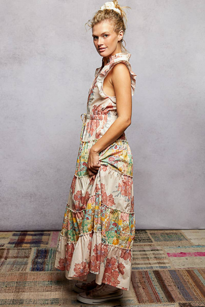 POL V-Neck Sleeveless Ruffle Floral Maxi Dress