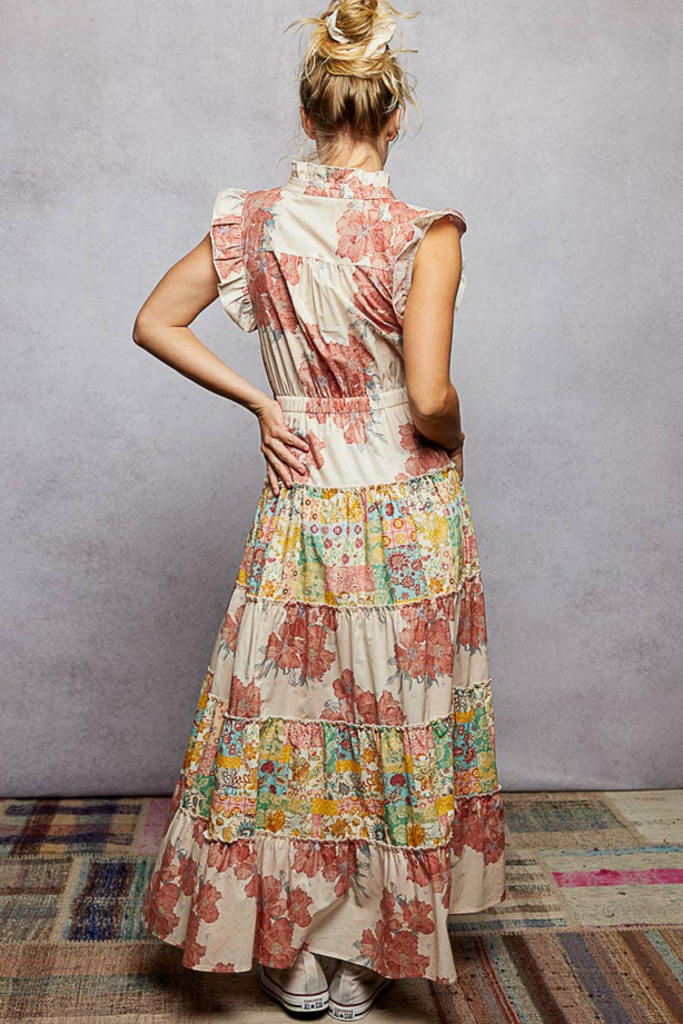 POL V-Neck Sleeveless Ruffle Floral Maxi Dress