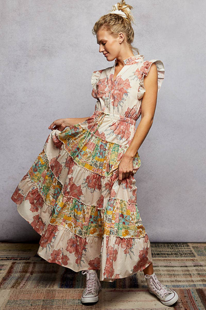 POL V-Neck Sleeveless Ruffle Floral Maxi Dress