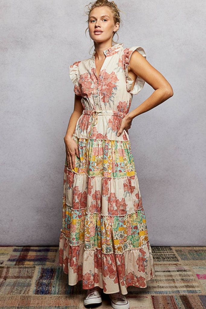 POL V-Neck Sleeveless Ruffle Floral Maxi Dress