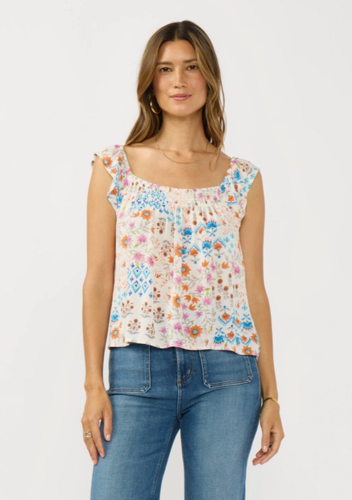 Love Stitch Flutter Sleeve Smocked Square Neck Top