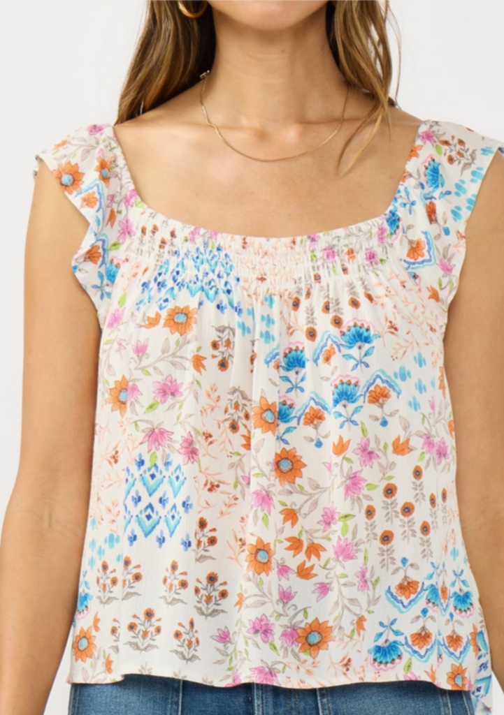 Love Stitch Flutter Sleeve Smocked Square Neck Top