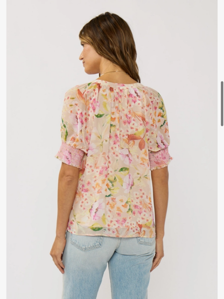 Love Stitch Smocked Cuff Button Down Top