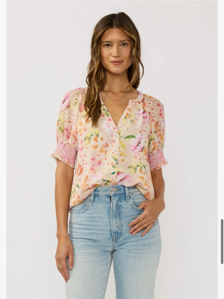 Love Stitch Smocked Cuff Button Down Top