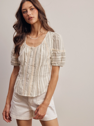 Forte Striped Lace-Trim Puff Sleeve Blouse